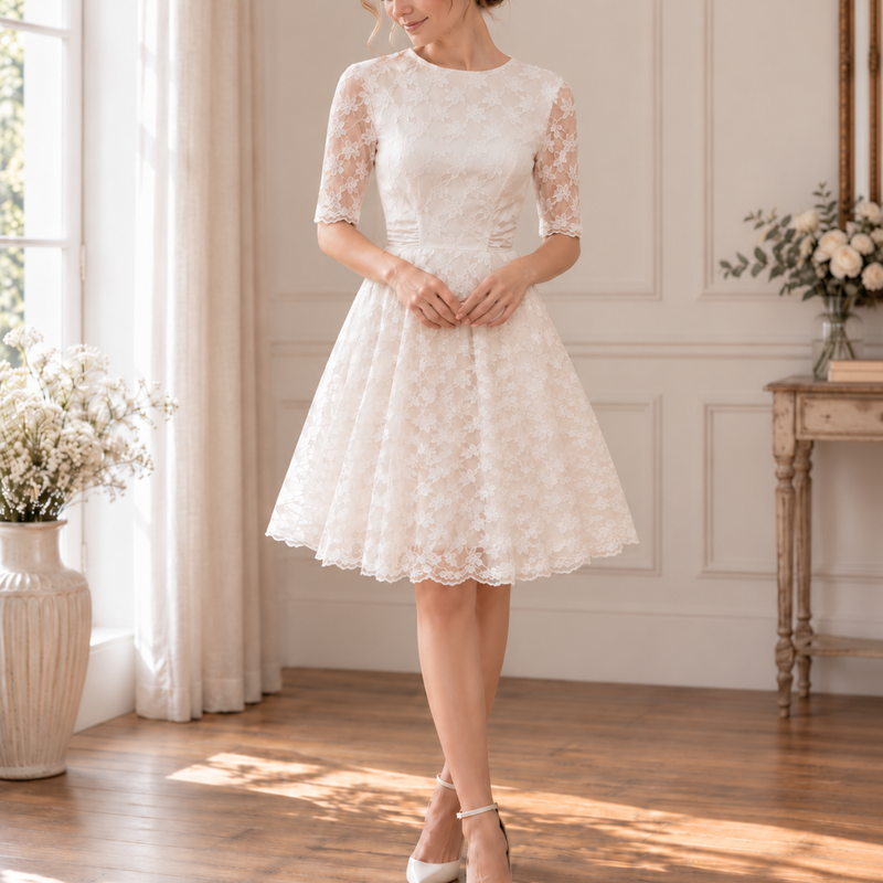 Kurzes 50er Jahre Brautkleid Größe 34 in Ivory mit floraler Spitze, Ellenbogenärmeln und ausgestelltem Rock