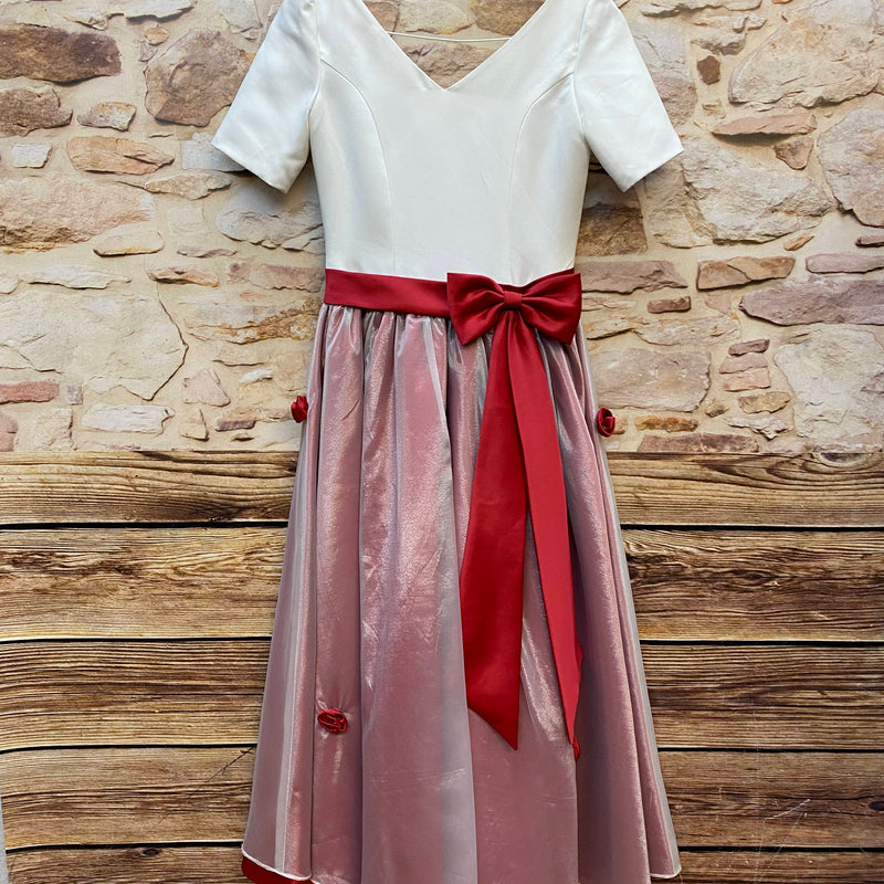 „50er Jahre Kleid in Creme Rosa Rot Größe 32 mit roter Schleife und schimmerndem Rock“
