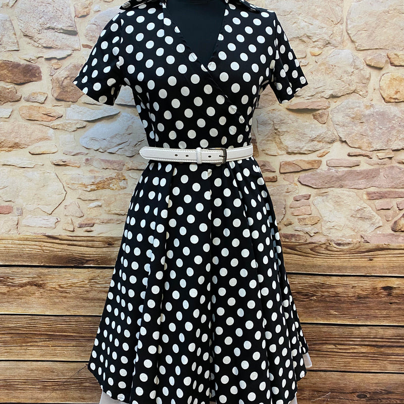 50er Jahre Kleid Schwarz Weiß Gr. 42 – gepunktetes Rockabilly Kleid mit weißem Gürtel