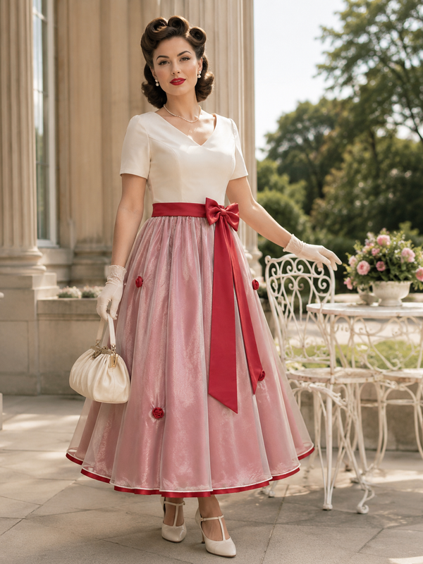 „Model trägt ein elegantes 50er Jahre Kleid in Weiß und Rosé mit roter Schleife, passenden Handschuhen und Handtasche in realistischer Vintage-Umgebung“