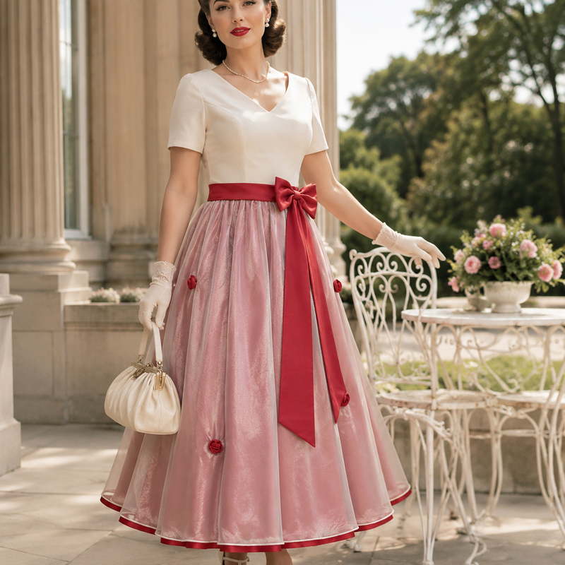 „Model trägt ein elegantes 50er Jahre Kleid in Weiß und Rosé mit roter Schleife, passenden Handschuhen und Handtasche in realistischer Vintage-Umgebung“