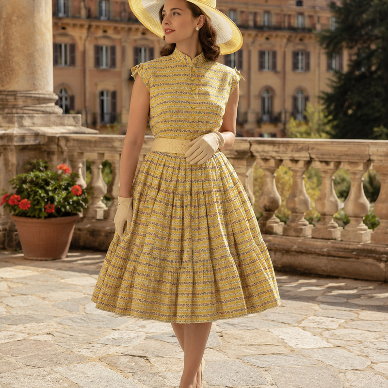 Original 50er Jahre Outfit mit gelbem tellerweitem Kleid, großem Hut, beigen Handschuhen und Gürtel in historischer Umgebung.