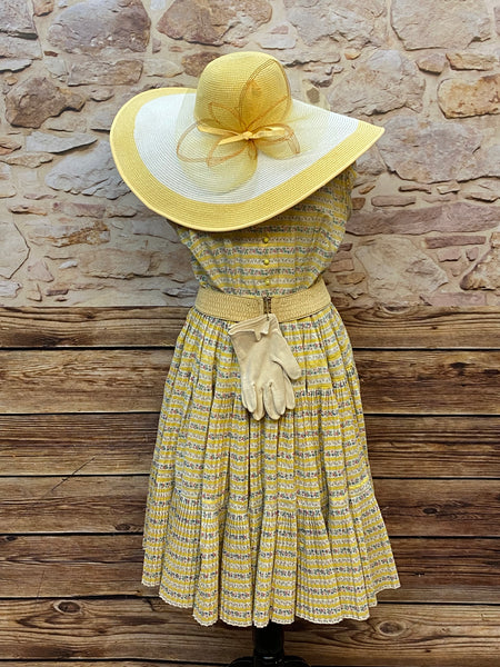 Tellerweites Baumwoll-Kleid aus den 50er Jahren Unikat in gelb Gr.38, inklusiv Gürtel, Handschuhe und Hut