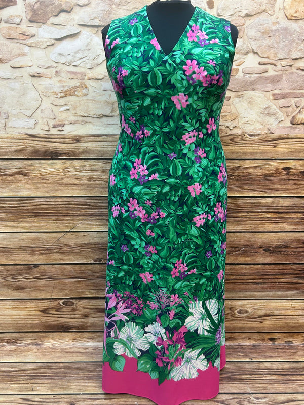 Original 70er Jahre Maxikleid Gr. 46 in Grün mit pinkem Blumenmuster und V-Ausschnitt