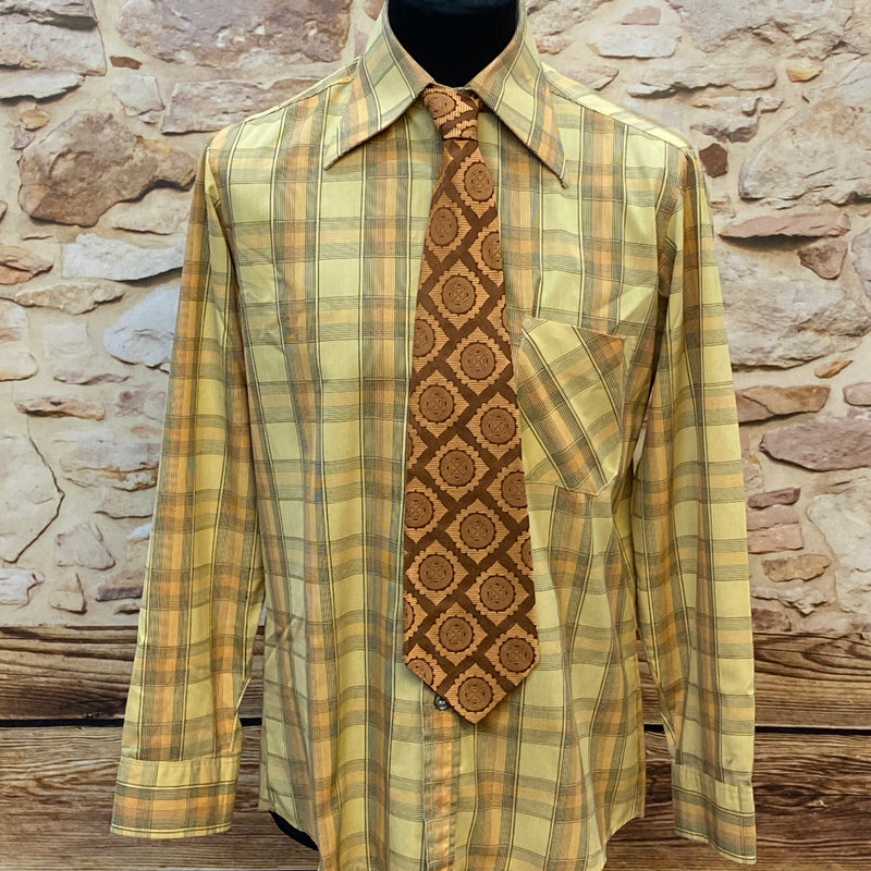 70er-Jahre Vintage-Herrenhemd in Gelb mit Gemusterter Krawatte – Gr. 39