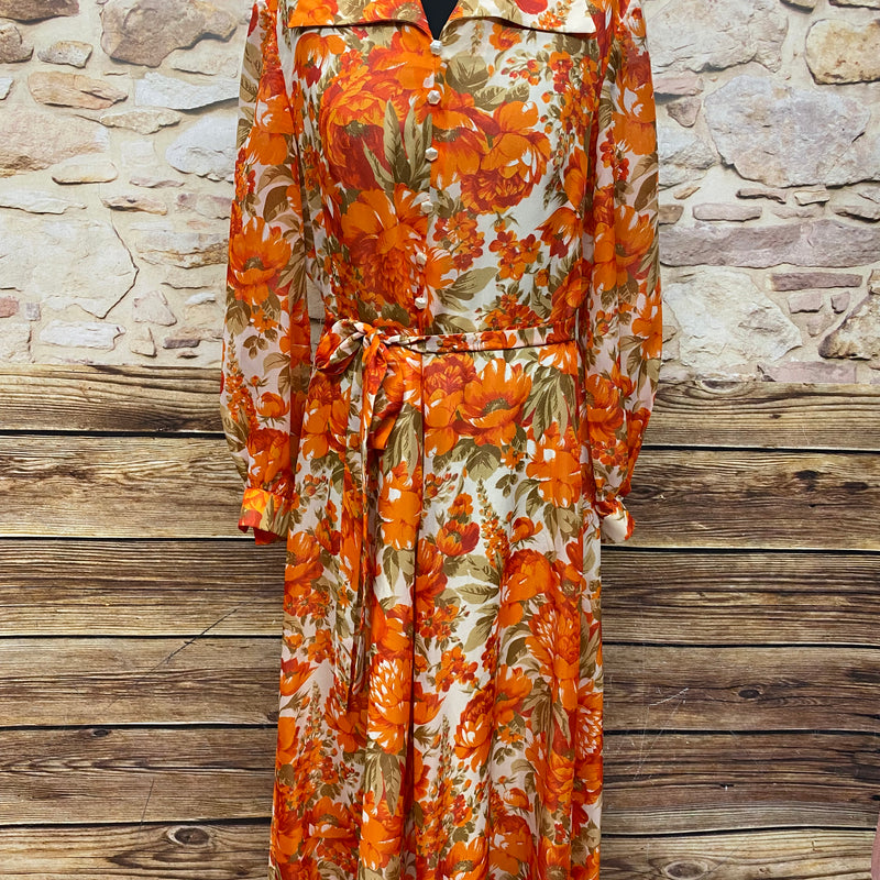70er Jahre Maxi-Kleid True Vintage Original Gr.44 Damen orange