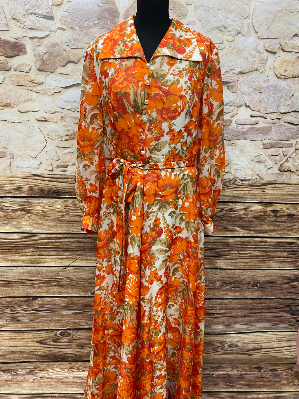 70er Jahre Maxi-Kleid True Vintage Original Gr.44 Damen orange