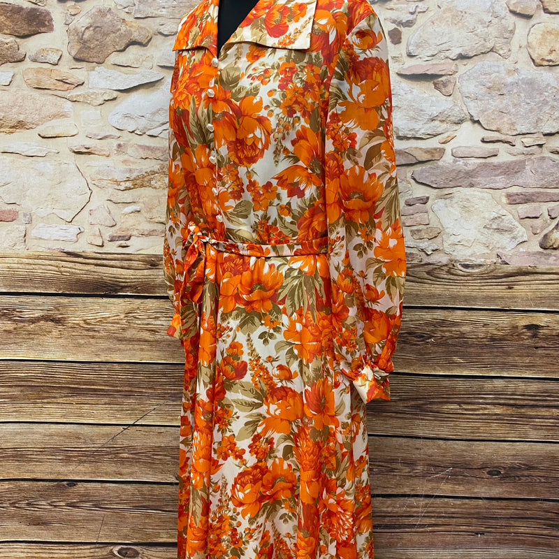 70er Jahre Maxi-Kleid True Vintage Original Gr.44 Damen orange