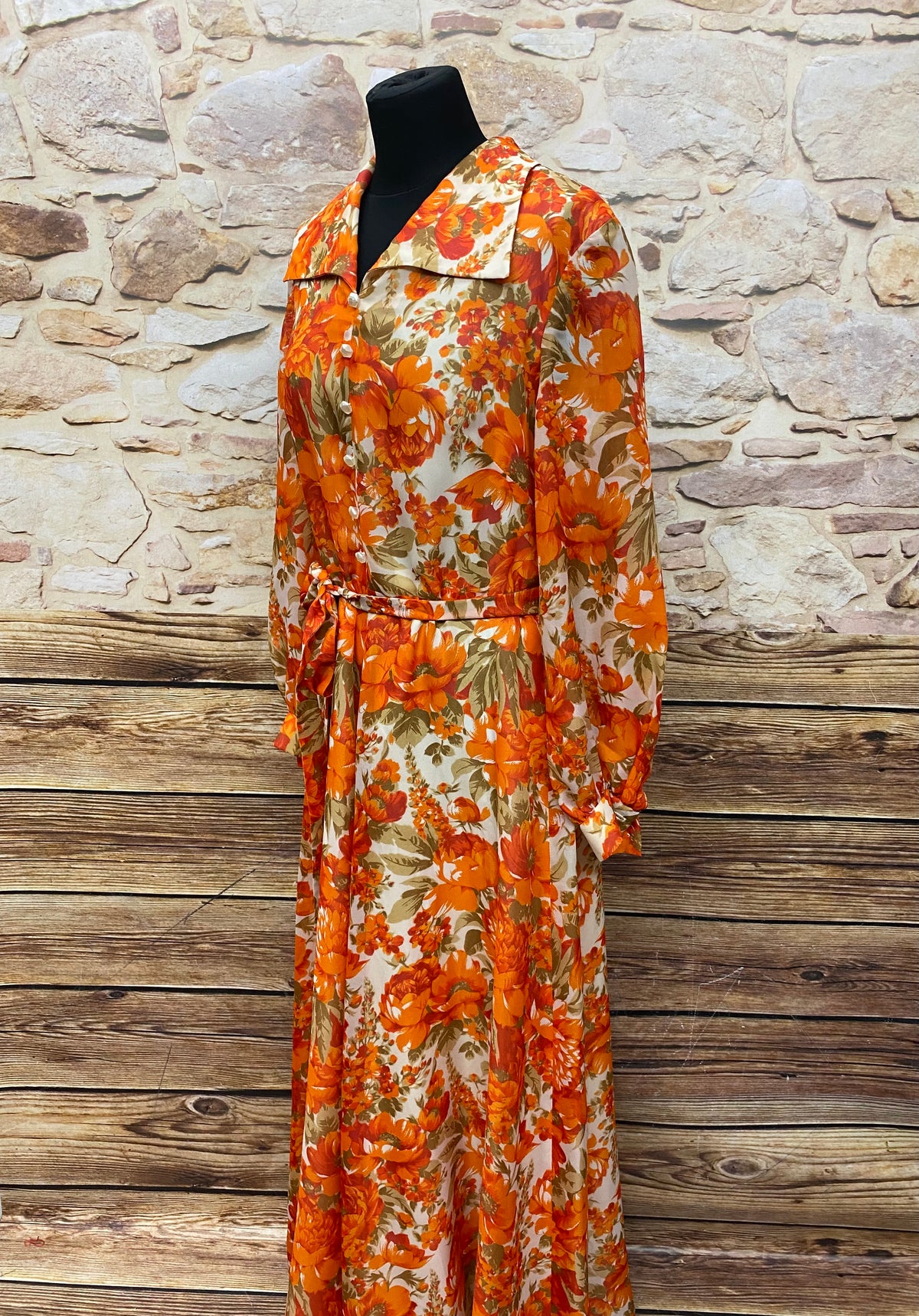 70er Jahre Maxi-Kleid True Vintage Original Gr.44 Damen orange