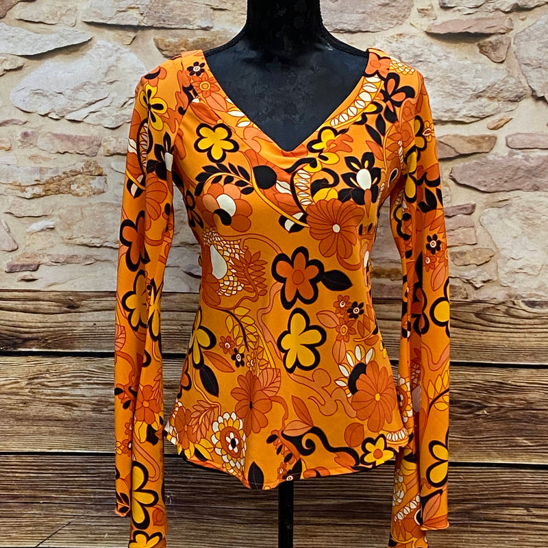 70er-Jahre Oberteil mit Blumenmuster in Orange