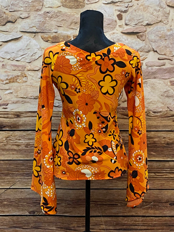 70er-Jahre Oberteil mit Blumenmuster in Orange, Ansicht 3