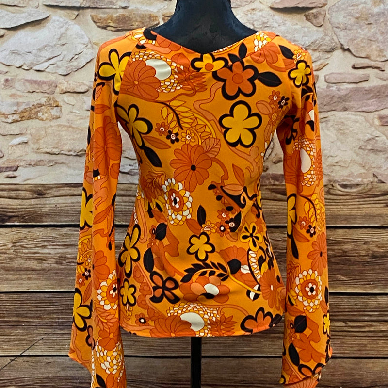 70er-Jahre Oberteil mit Blumenmuster in Orange, Ansicht 3