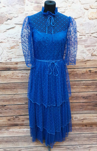 Langes Vintage Kleid 1980er Jahre in blau Gr.38