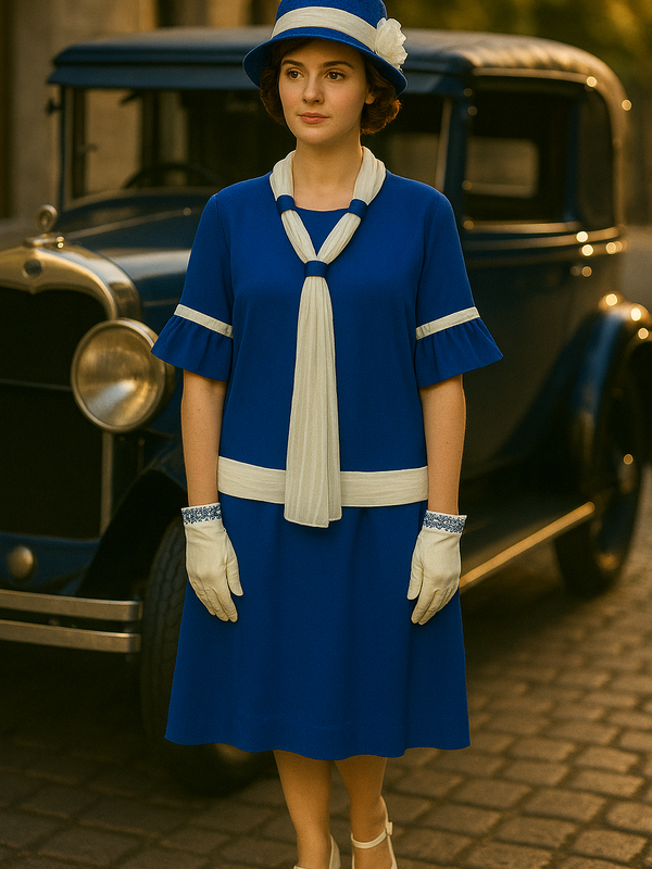Royalblaues 20er-Jahre Kleid Gr. 44 mit Hut & Handschuhen