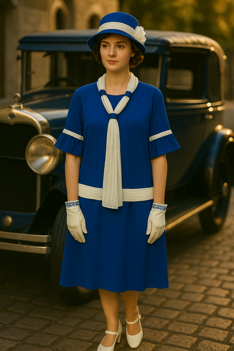 Royalblaues 20er-Jahre Kleid Gr. 44 mit Hut & Handschuhen