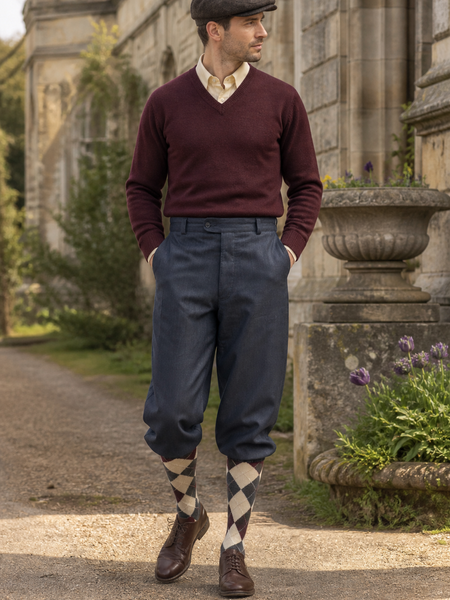 KI-Bild: Herrenmodell mit anthrazitfarbener Knickerbocker Hose Gr. 54, Rautenstrümpfen, Pullover und Schiebermütze