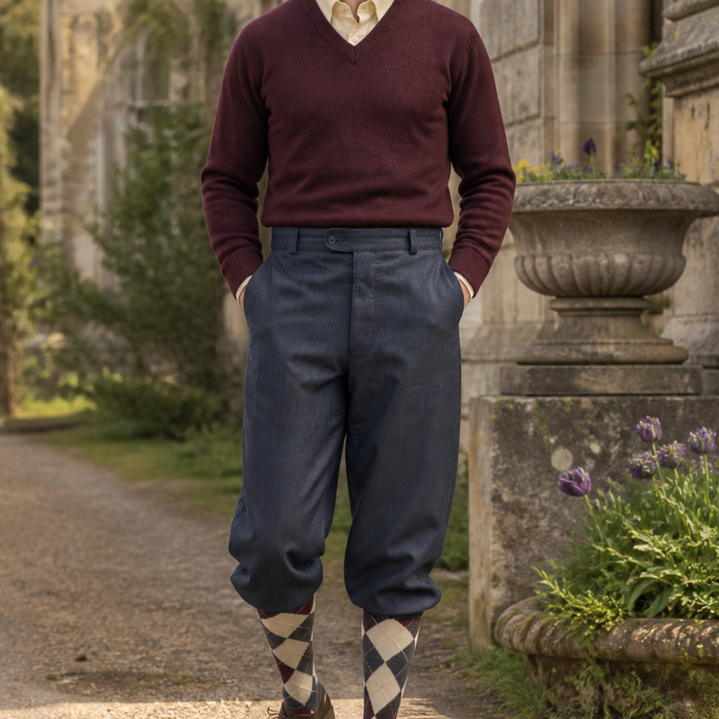 KI-Bild: Herrenmodell mit anthrazitfarbener Knickerbocker Hose Gr. 54, Rautenstrümpfen, Pullover und Schiebermütze