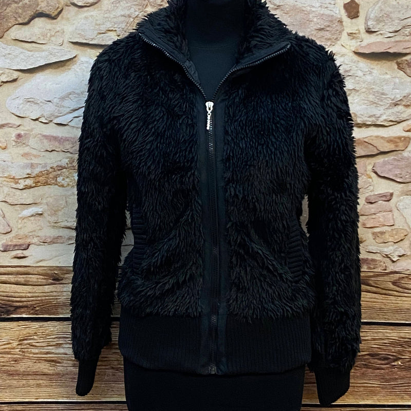Vintage Plüsch-Teddyjacke in Schwarz, Gr. S
