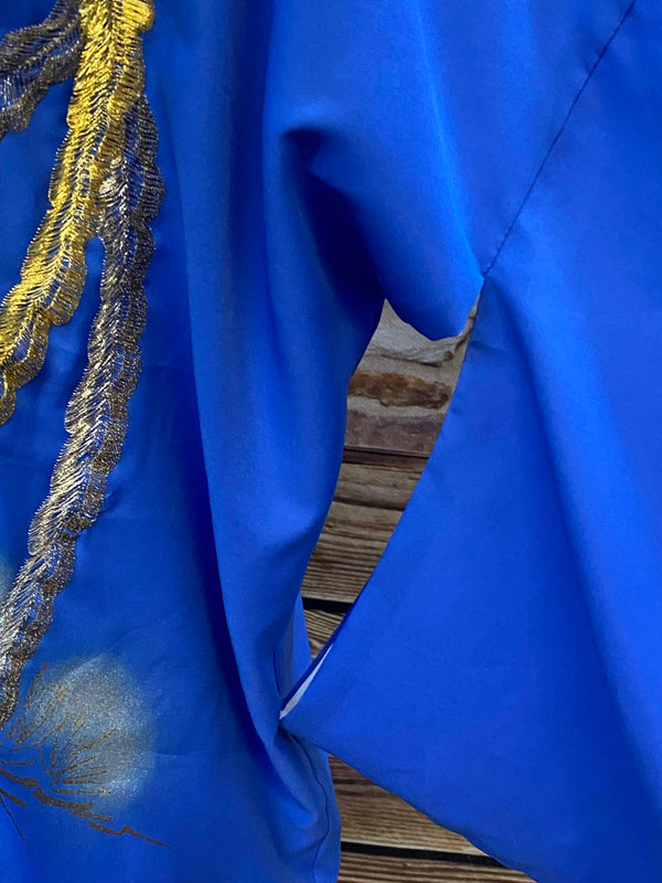 Vintage Seiden-Kimono in Royalblau mit Phönix-Stickerei – Made in Japan