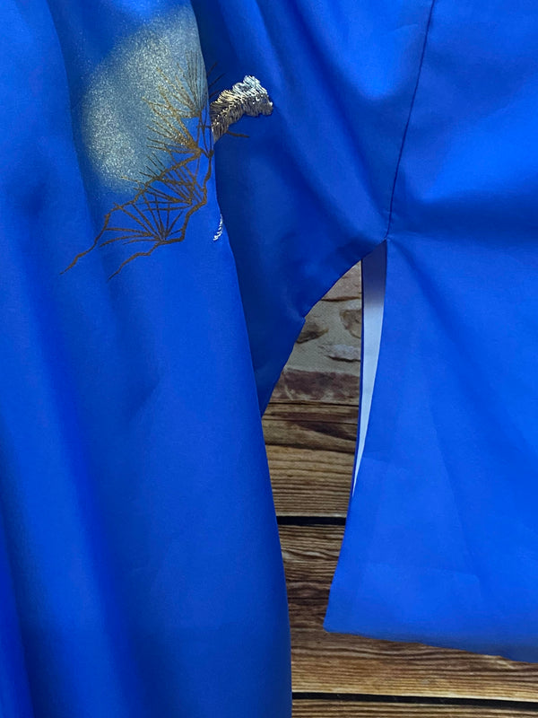 Vintage Seiden-Kimono in Royalblau mit Phönix-Stickerei – Made in Japan