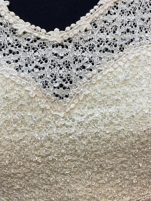 1970er Vintage Spitzen-Abendkleid Creme – Größe 38