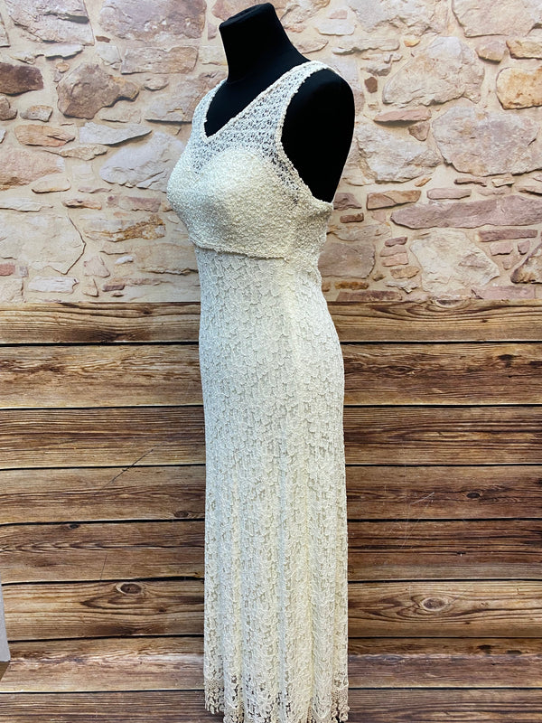 1970er Vintage Spitzen-Abendkleid Creme – Größe 38