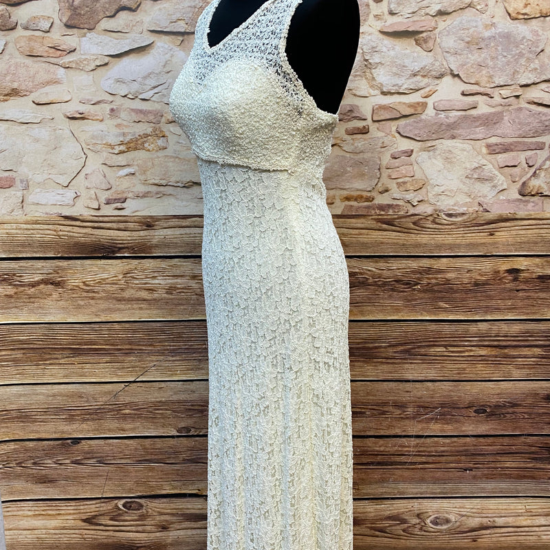 1970er Vintage Spitzen-Abendkleid Creme – Größe 38