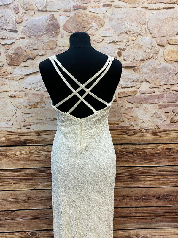1970er Vintage Spitzen-Abendkleid Creme – Größe 38