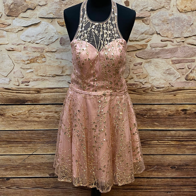 Zauberhaftes Rosa Cocktailkleid mit goldenen Glitzer-Pailletten Gr.36