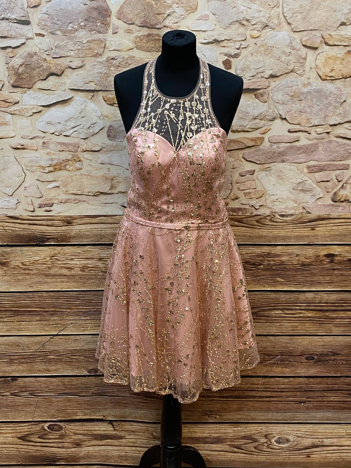 Zauberhaftes Rosa Cocktailkleid mit goldenen Glitzer-Pailletten Gr.36