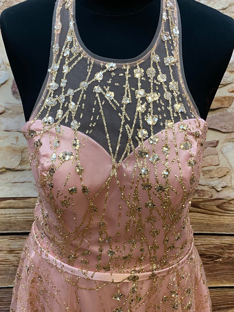 Robe de cocktail rose magique à paillettes dorées taille 36