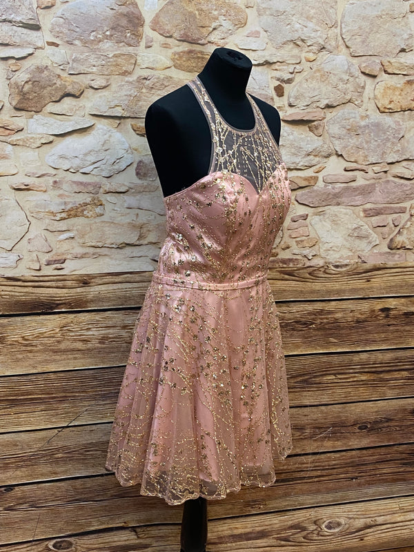 Zauberhaftes Rosa Cocktailkleid mit goldenen Glitzer-Pailletten Gr.36