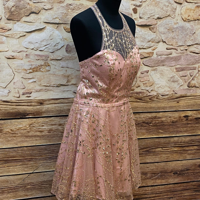 Zauberhaftes Rosa Cocktailkleid mit goldenen Glitzer-Pailletten Gr.36