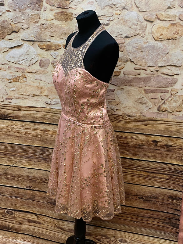 Zauberhaftes Rosa Cocktailkleid mit goldenen Glitzer-Pailletten Gr.36