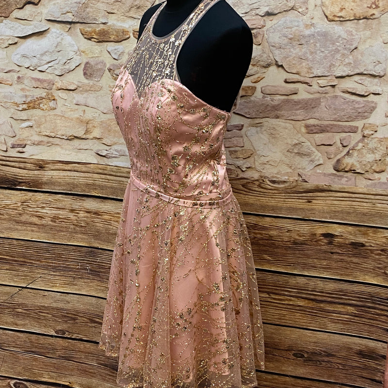 Zauberhaftes Rosa Cocktailkleid mit goldenen Glitzer-Pailletten Gr.36