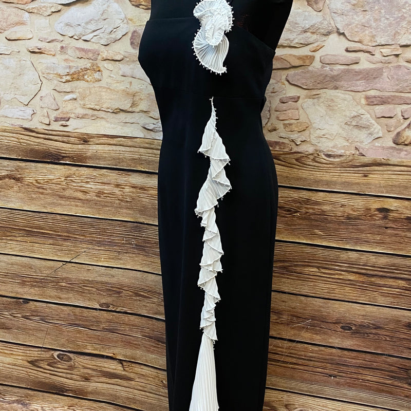 Abendkleid Secondhand schwarz mit weißen Verzierungen Gr.42
