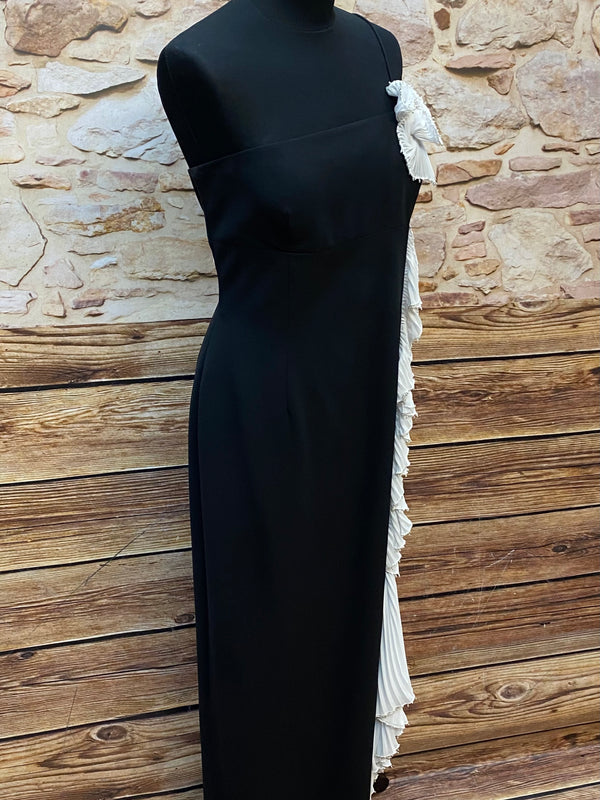 Abendkleid Secondhand schwarz mit weißen Verzierungen Gr.42
