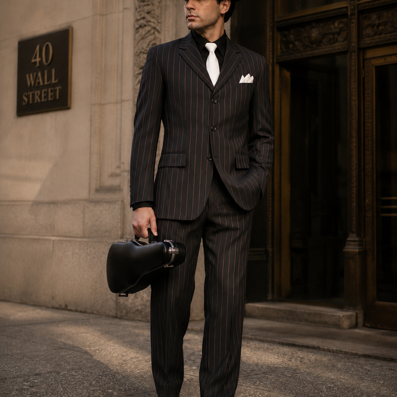Herrenmodell in realer Umgebung im schwarzen Nadelstreifenanzug im Al-Capone-Stil mit schwarzem Hemd, weißer Krawatte, weißem Einstecktuch, schwarzem Hut mit weißem Hutband und Geigenkasten in der Hand.