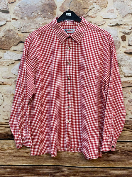 „Vintage Trachtenhemd Herren Alphorn rot weiß kariert Größe 44“