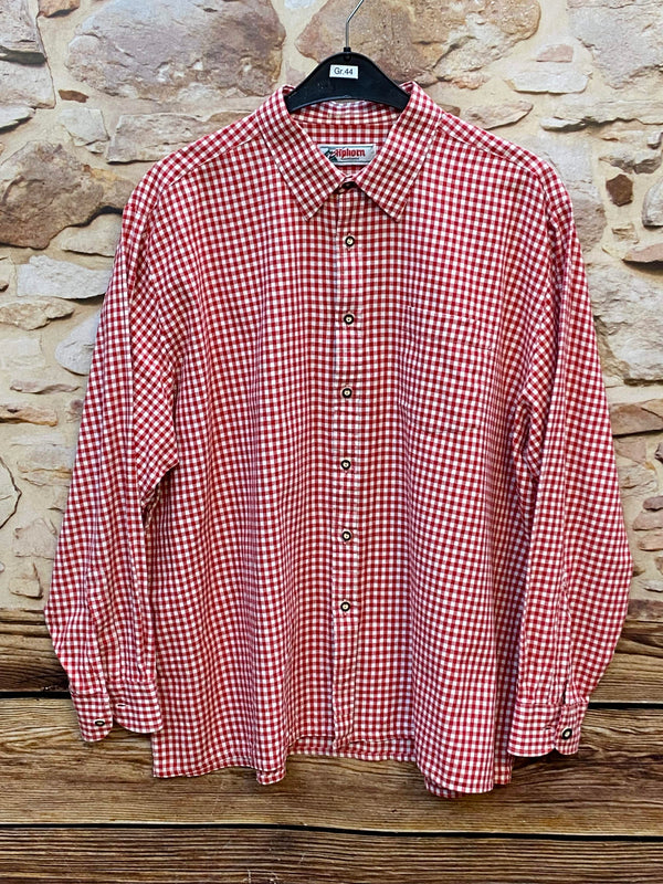 „Vintage Trachtenhemd Herren Alphorn rot weiß kariert Größe 44“