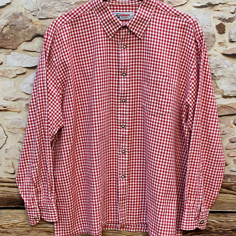 „Vintage Trachtenhemd Herren Alphorn rot weiß kariert Größe 44“