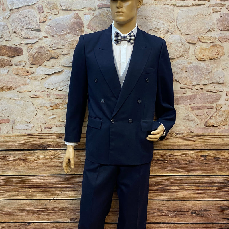 „Komplettansicht: dunkelblauer Vintage  Doppelreiher-Anzug mit grauer Weste, Gr. 50