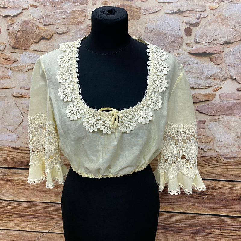 Vintage Dirndlbluse, 70er Jahre, Gr.44, beige/gelb mit Glockenärmel und Rundausschnitt