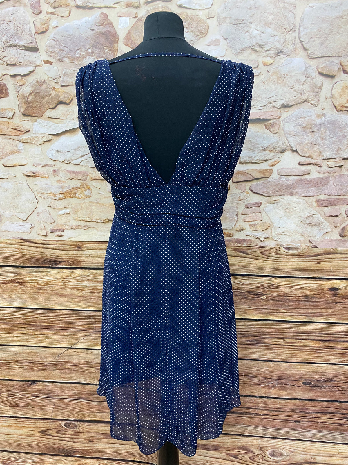 Robe bleue et blanche à pois, style années 40, évasée, taille 44 