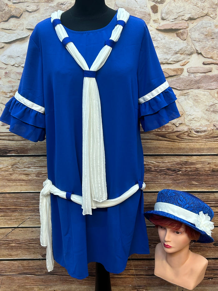 Royalblaues Vintage-Kleid im 20er-Jahre-Stil mit weißen Akzenten, Hut und Handschuhen, Größe 44