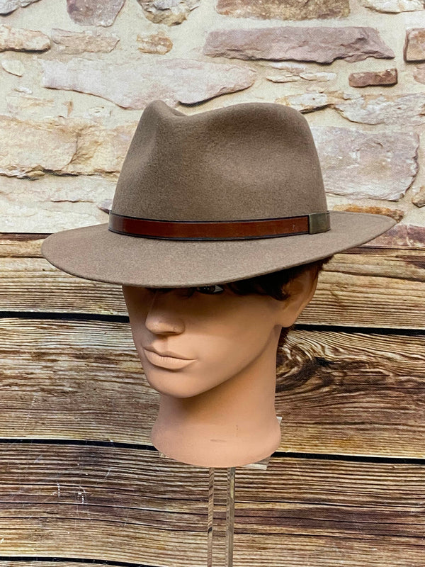 Brauner Vintage Wollhut Gr. 60 mit breiter Krempe und Hutband in Lederoptik, Ansicht 1