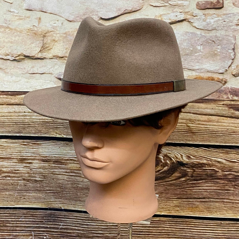 Brauner Vintage Wollhut Gr. 60 mit breiter Krempe und Hutband in Lederoptik, Ansicht 1