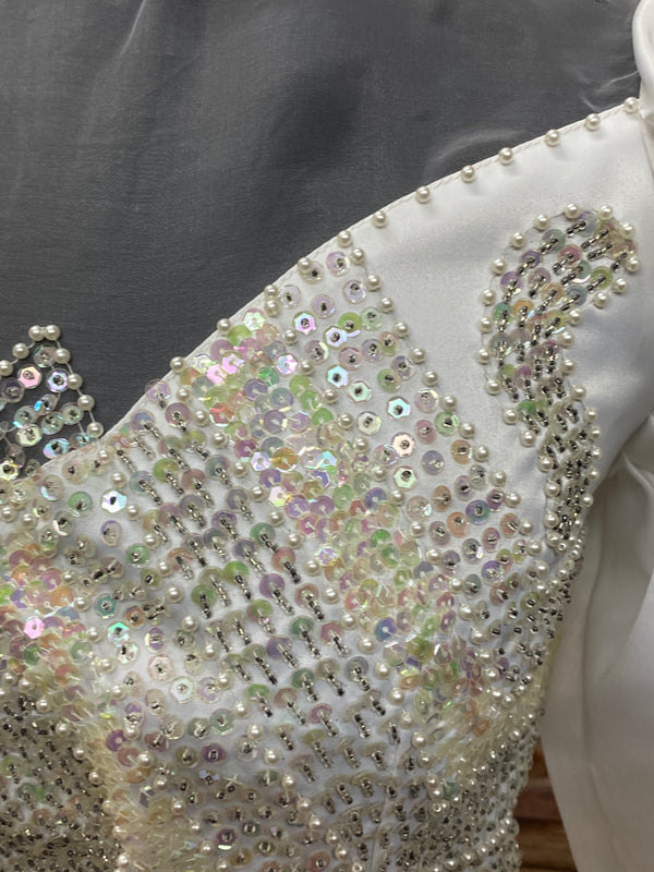 Glitzerndes Vintage-Brautkleid mit Puffärmeln – Gr. 42
