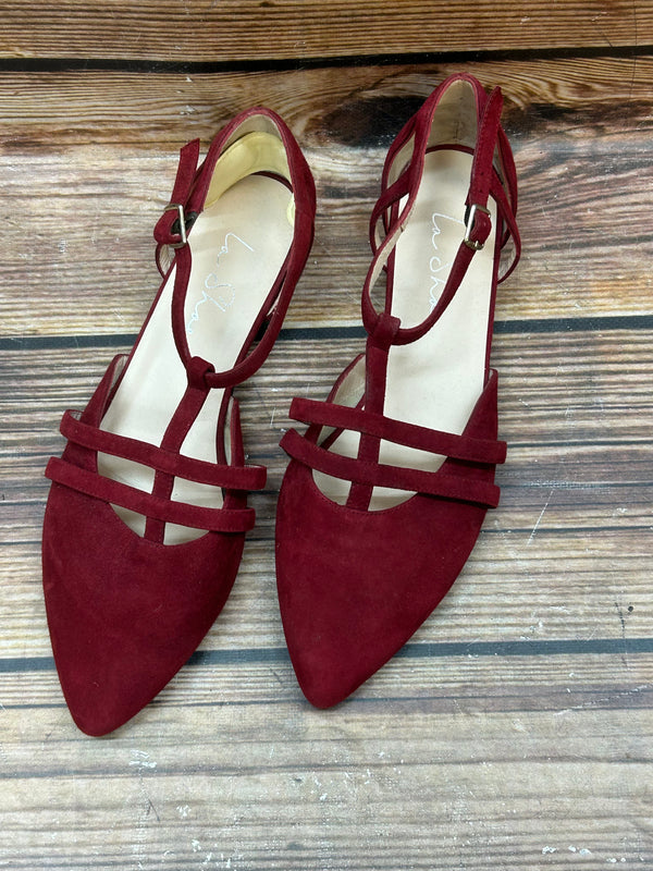 Burgunderrote Damen-T-Strap-Flats aus Veloursleder, Größe 41, spitze Kappe, La Shoe, Blockabsatz