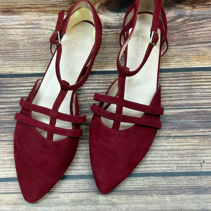 Burgunderrote Damen-T-Strap-Flats aus Veloursleder, Größe 41, spitze Kappe, La Shoe, Blockabsatz